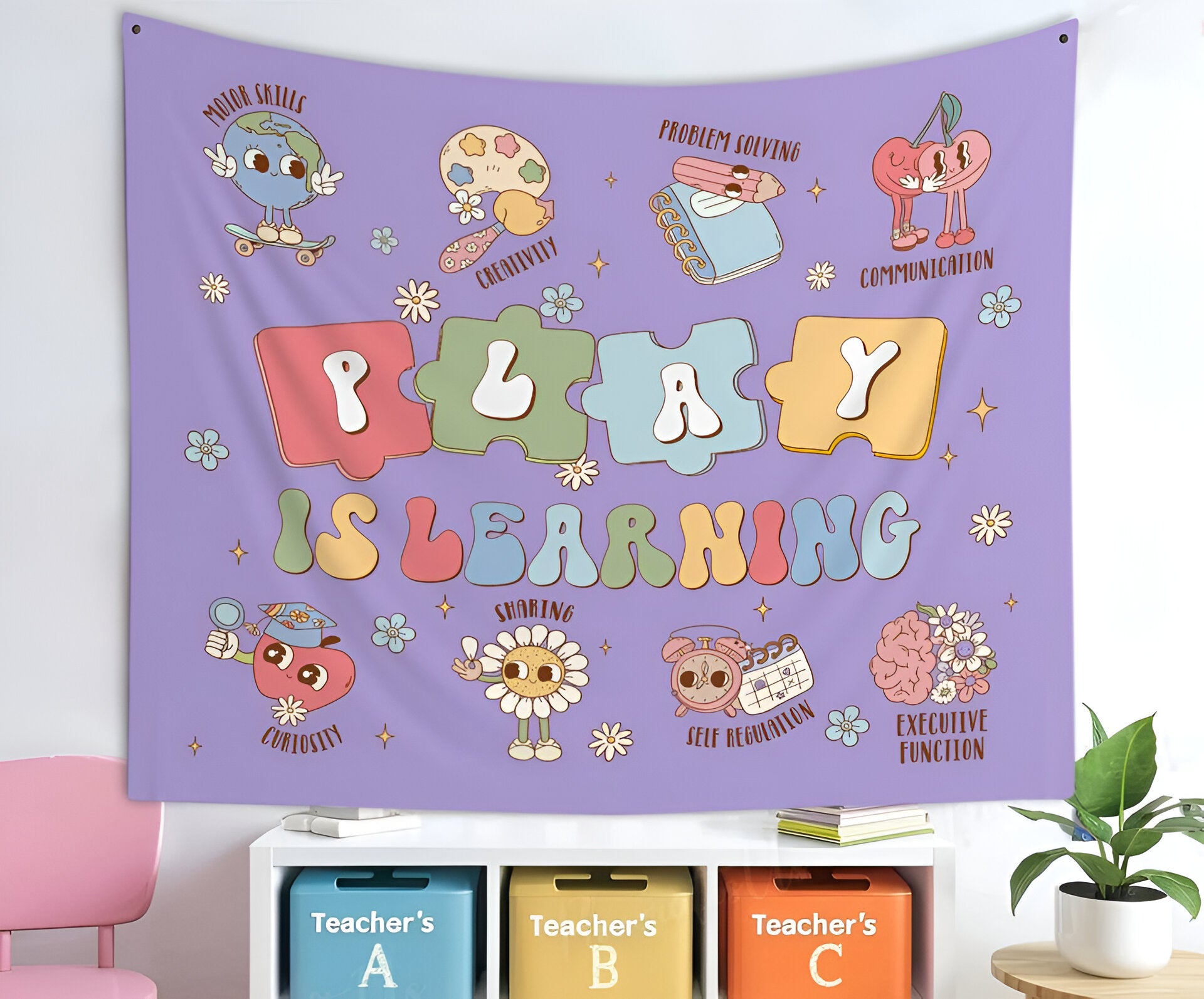 Classroom Decor, Play is Learning Classroom Tapestry, Welcome Classroom Tapestry Tapes