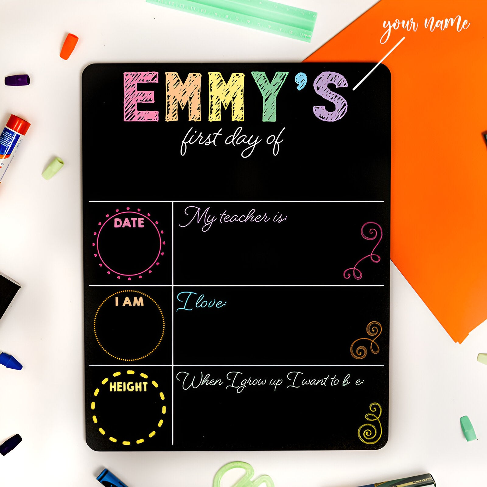 Personalized Name First Day Of School Sign with Random Color Simple Present for Kids Scsign