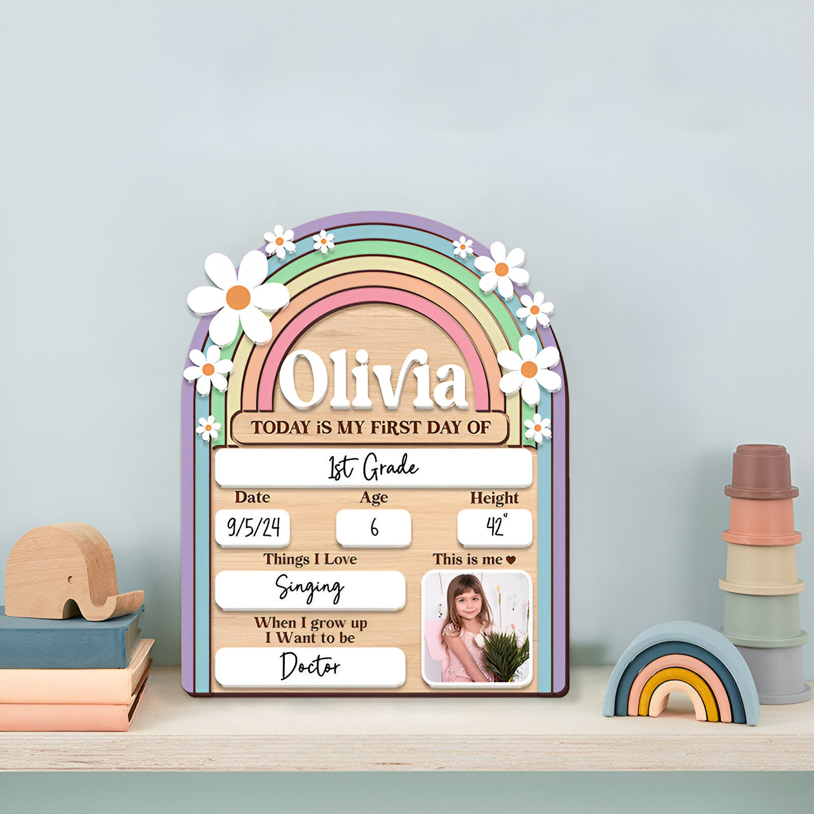 Personalized First Day Of School Sign Custom Name And Picture Colorful Present for Kids Scsign