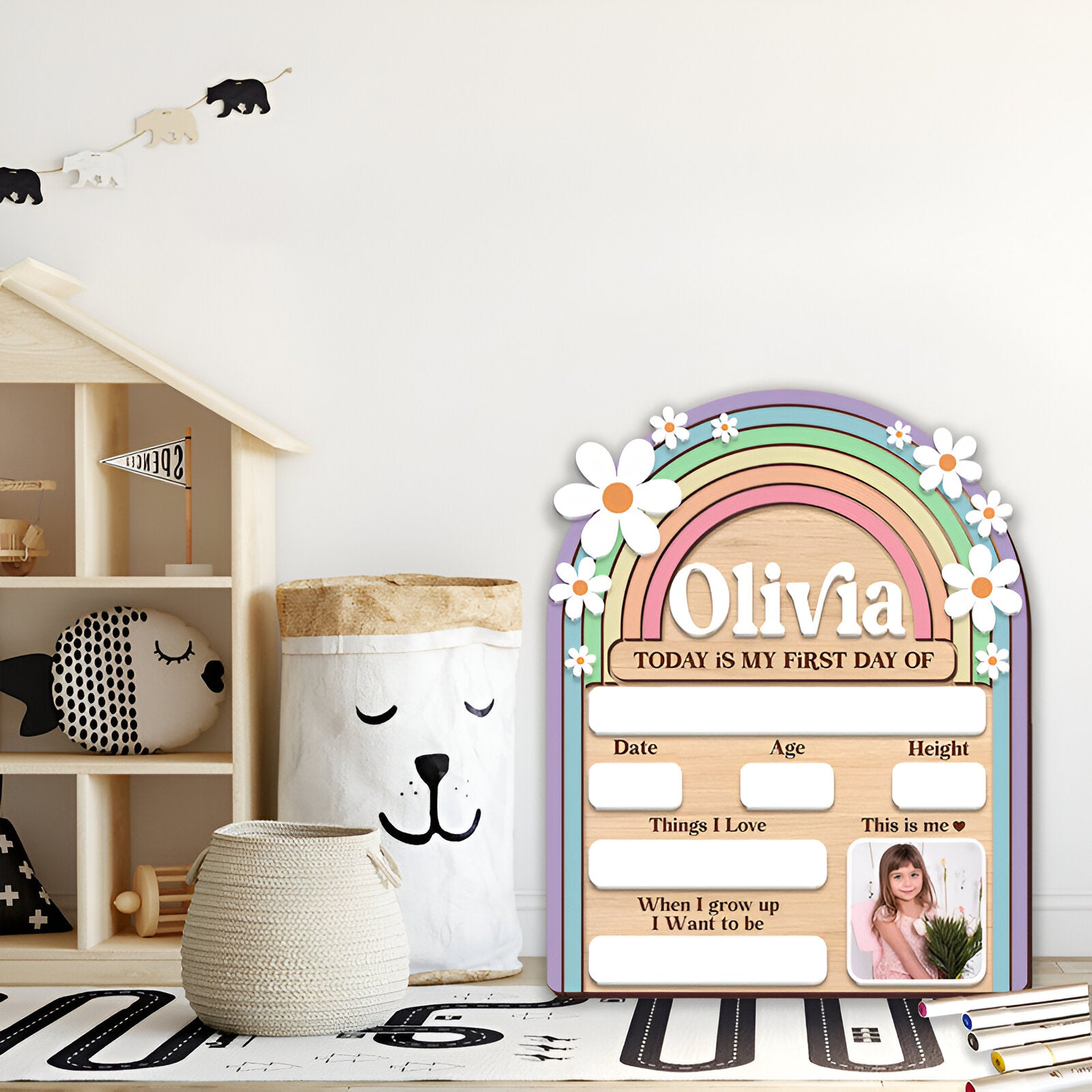 Personalized First Day Of School Sign Custom Name And Picture Colorful Present for Kids Scsign