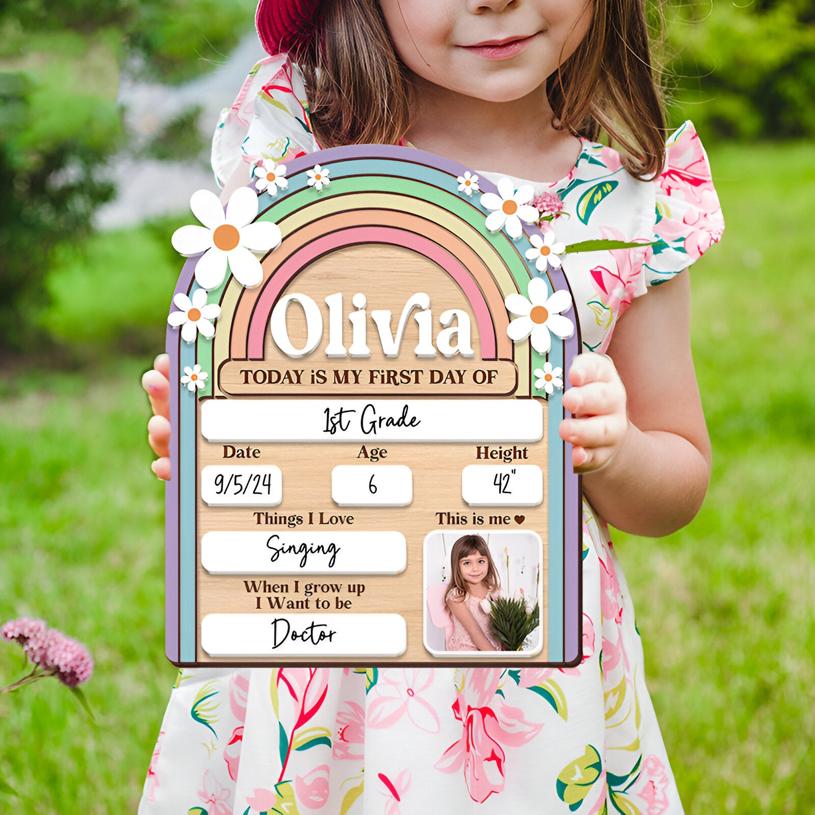 Personalized First Day Of School Sign Custom Name And Picture Colorful Present for Kids Scsign