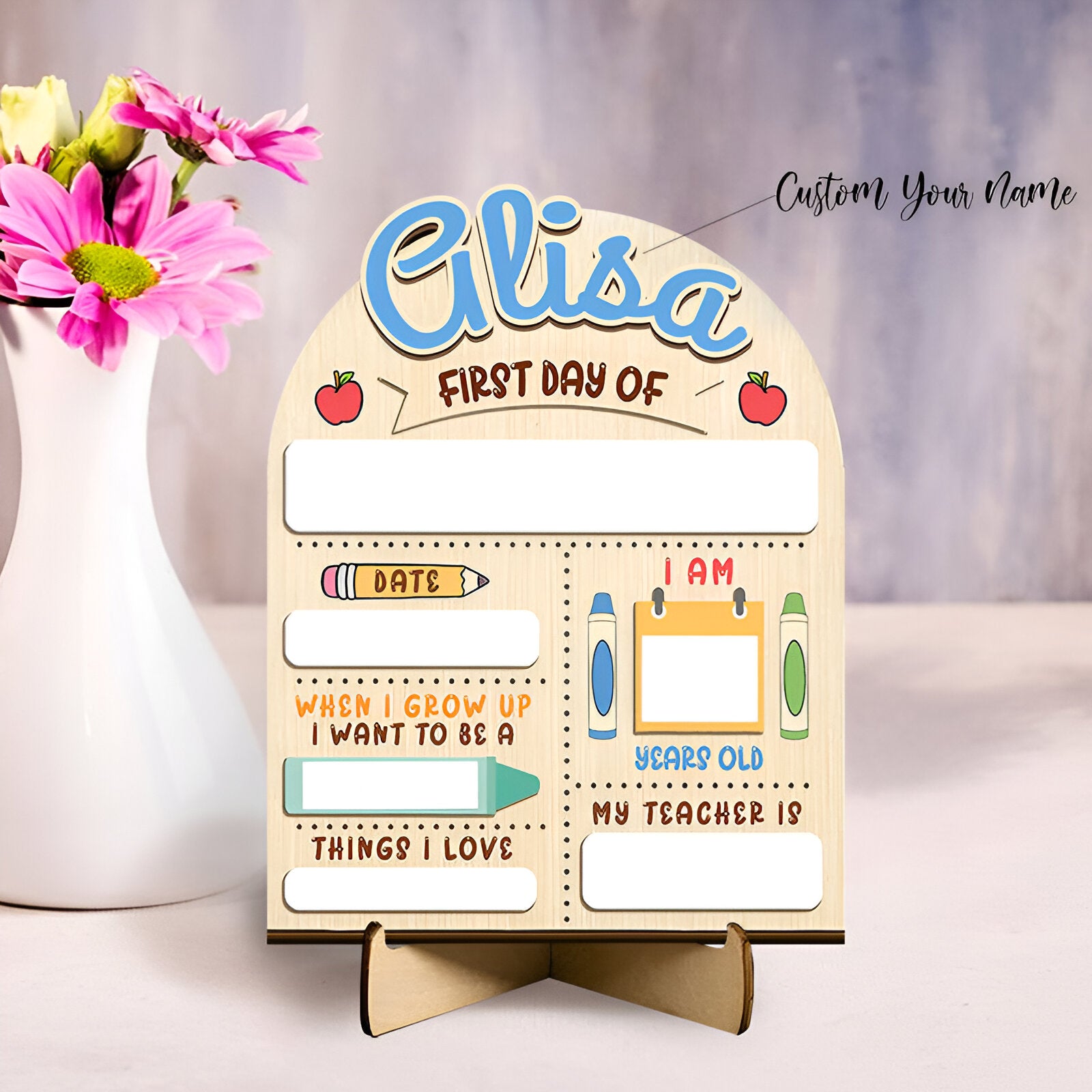 Personalized Name First Day Of School Sign with Apples Pattern Cute Present for Kids Scsign