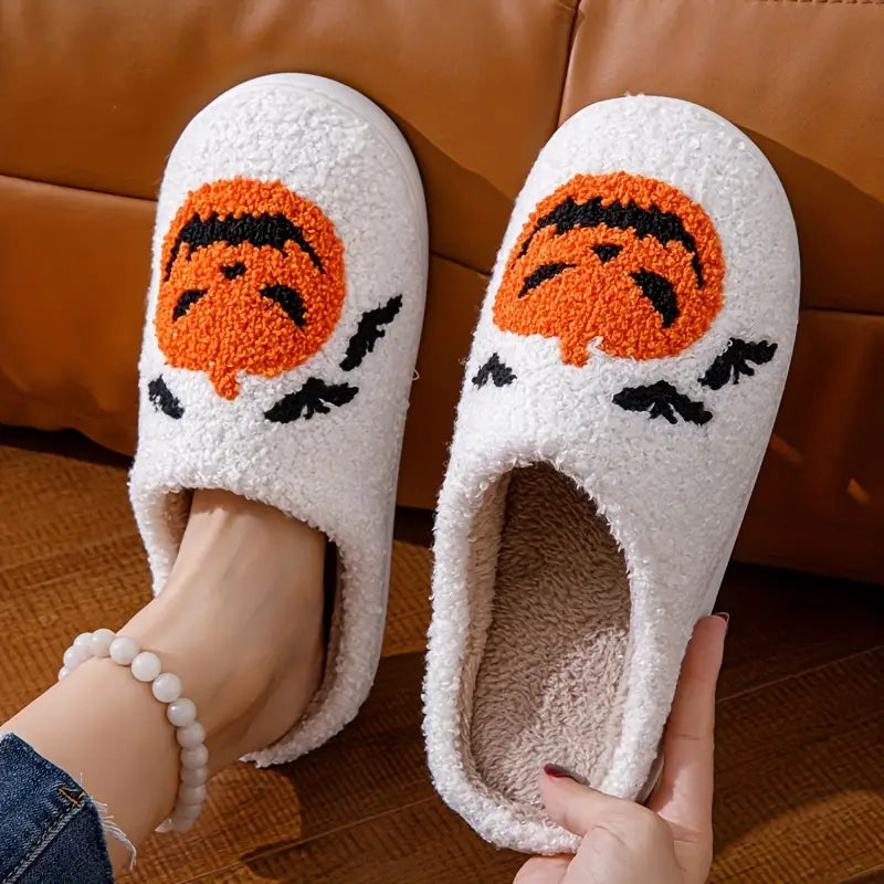 Cartoon Pumpkin & Bats Print Slippers, Slip On Fuzzy Soft Sole Flat Non-slip Shoes, Halloween Cozy Warm Home Shoes SL0808 07