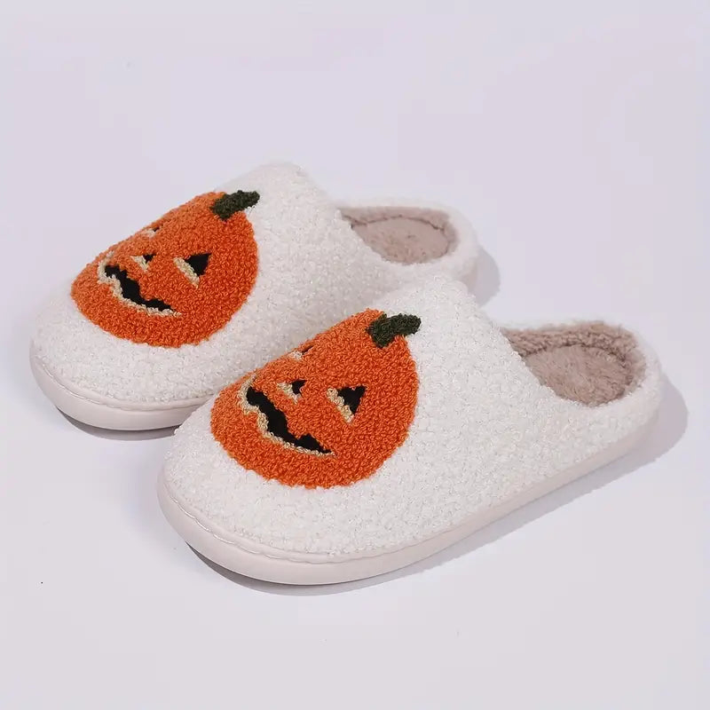 Halloween Carved Pumpkin Home Slippers Soft Plush Cozy House Slippers Anti-skid Slip-on Shoes Indoor For Men Winter Shoes SL0808 03