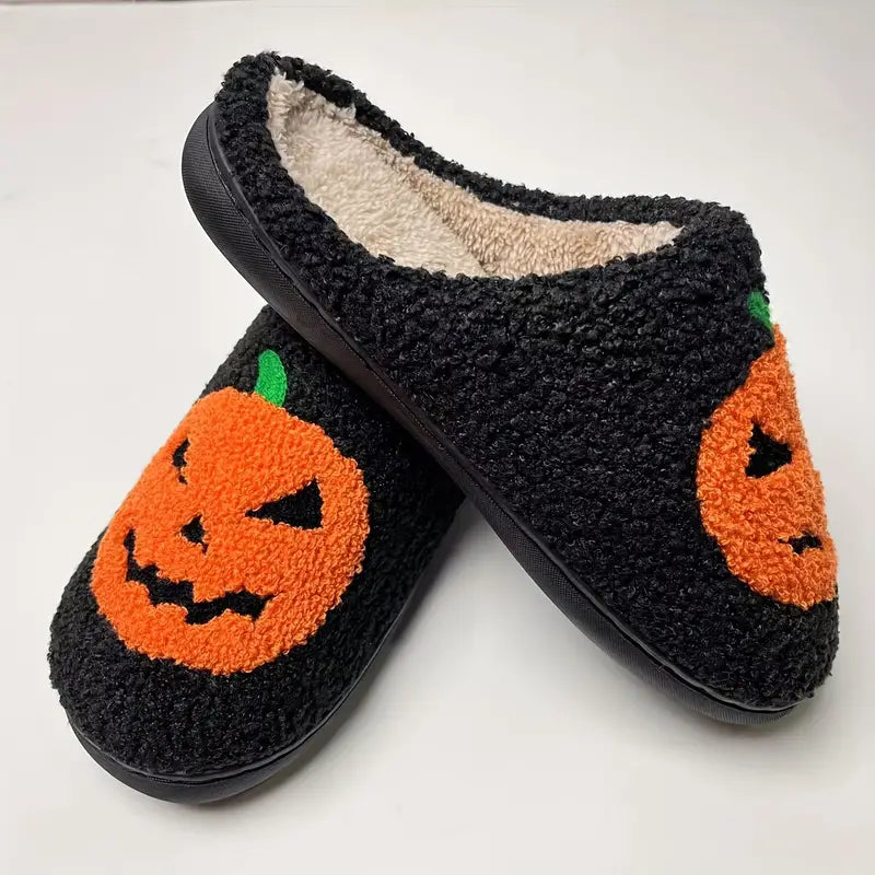 Halloween Carved Pumpkin Home Slippers Soft Plush Cozy House Slippers Anti-skid Slip-on Shoes Indoor For Men Winter Shoes SL0808 04