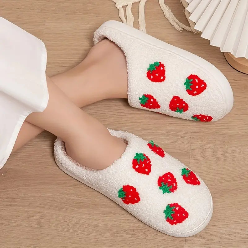 Cute Strawberry Pattern Plush Slippers, Closed Toe Soft Sole Slip On Flat Shoes, Cozy & Warm Home Floor Slippers 
 SL0808 22