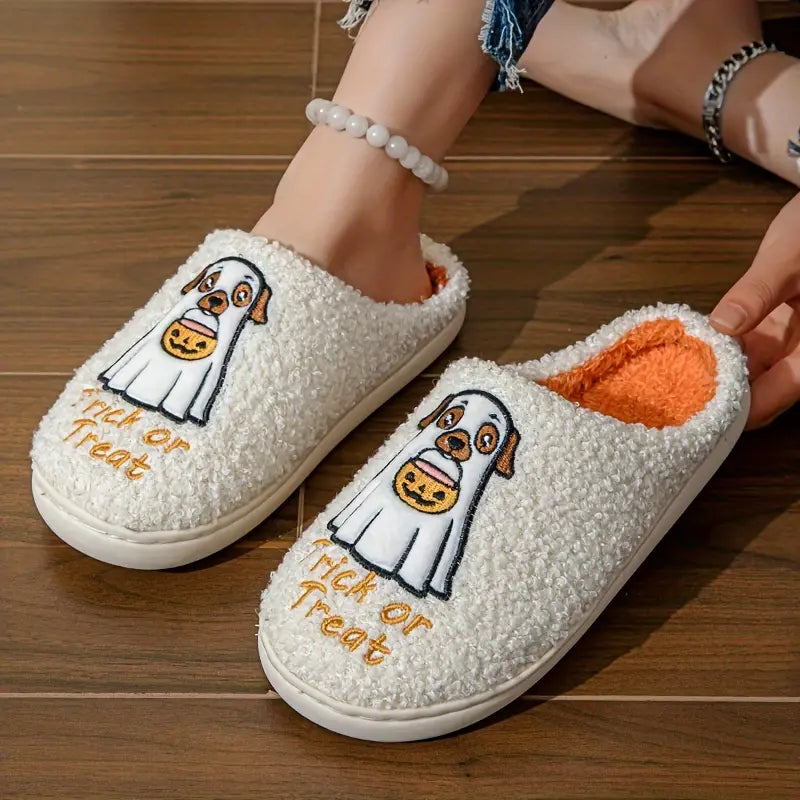 Spooky Halloween Ghost Plush Slippers For Women - Cozy Cartoon Puppet Design, Soft Tpr Sole, All-Season Indoor Footwear 
 SL0808 20