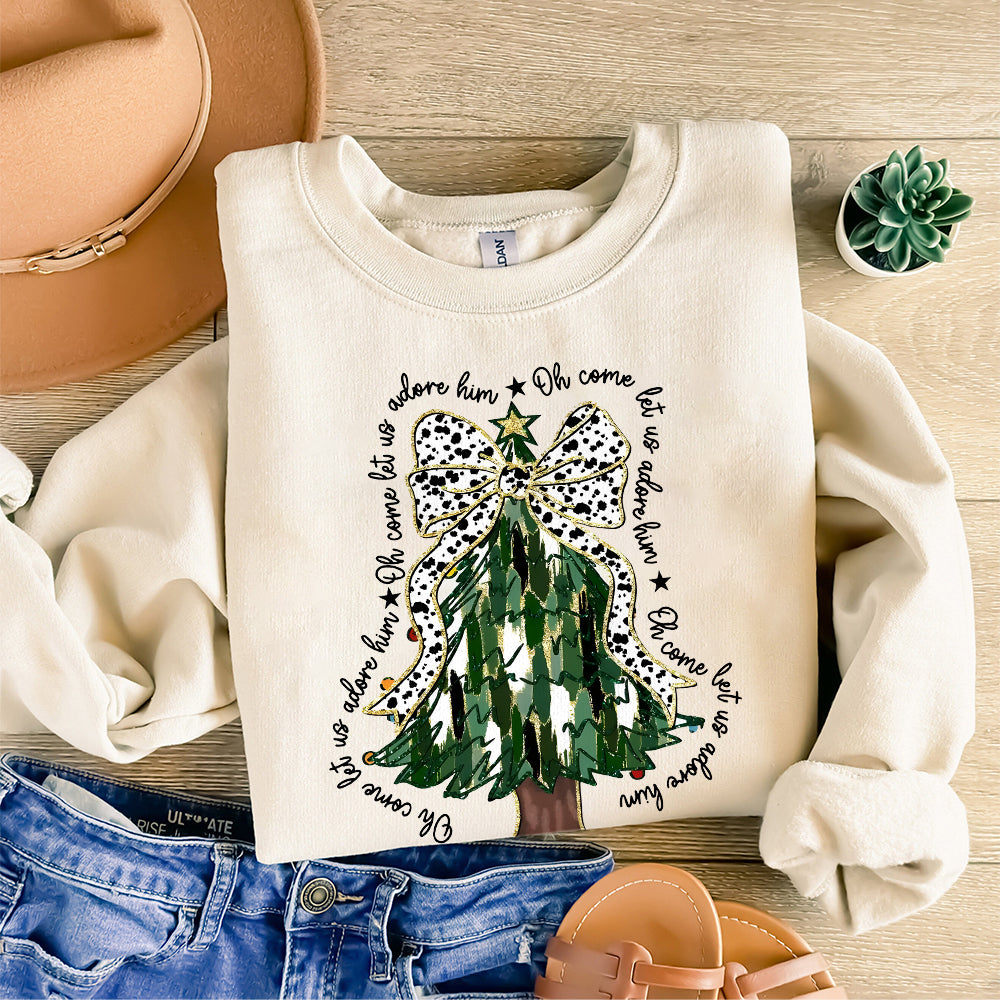 Oh Come Let Us Adore Him Png, Jesus Christmas Png, Colorful Glitter Christmas Tree Png, Christian Christmas, Dalmatian Dots, Tree with Bow PNG1210 06 NPN