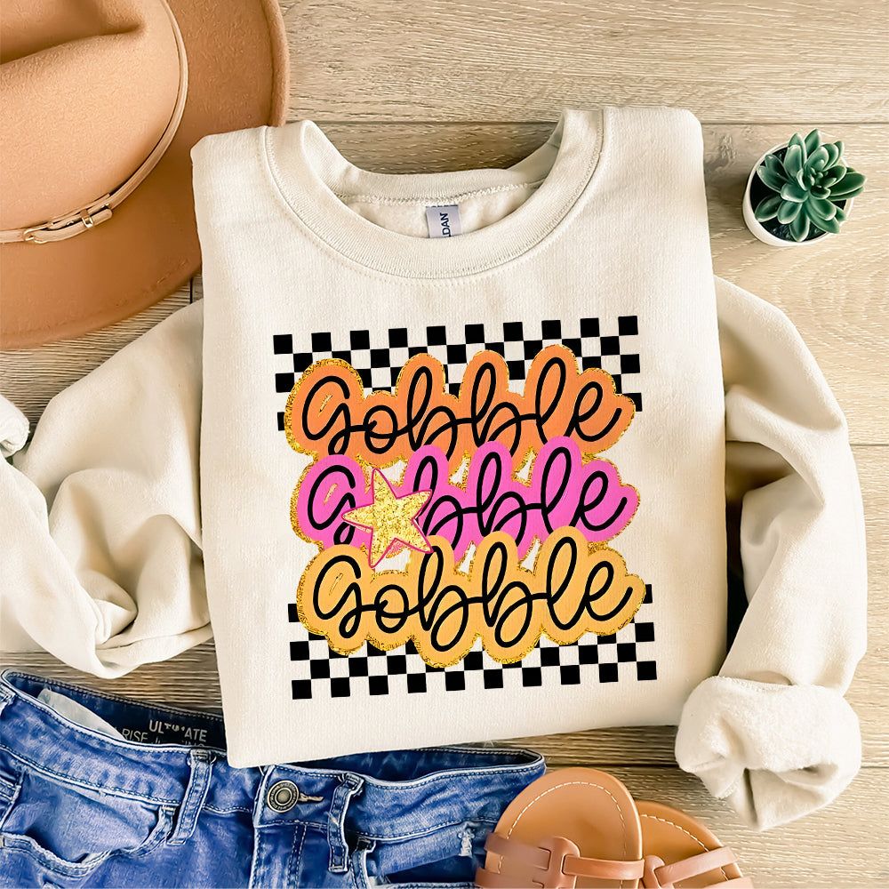 Preppy Gobble Thanksgiving Sublimation DTF Design Png Digital Download  Fall  Digital File  Pink  Gold star  turkey S225 SNA