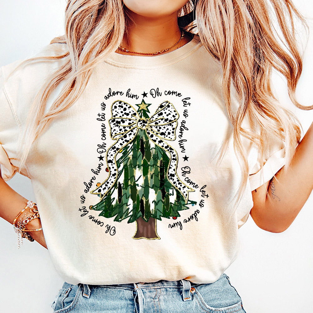 Oh Come Let Us Adore Him Png, Jesus Christmas Png, Colorful Glitter Christmas Tree Png, Christian Christmas, Dalmatian Dots, Tree with Bow PNG1210 06 NPN