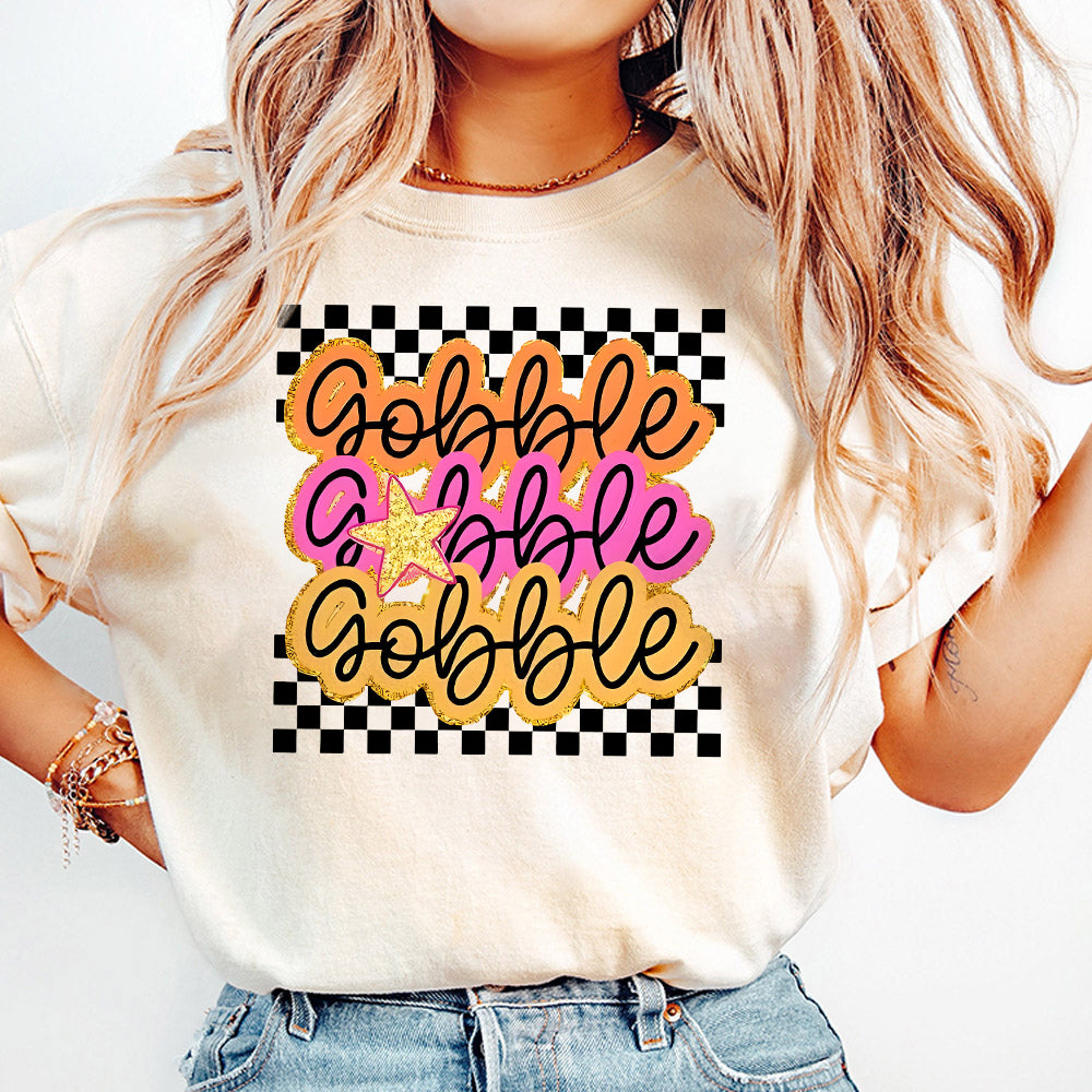Preppy Gobble Thanksgiving Sublimation DTF Design Png Digital Download  Fall  Digital File  Pink  Gold star  turkey S225 SNA