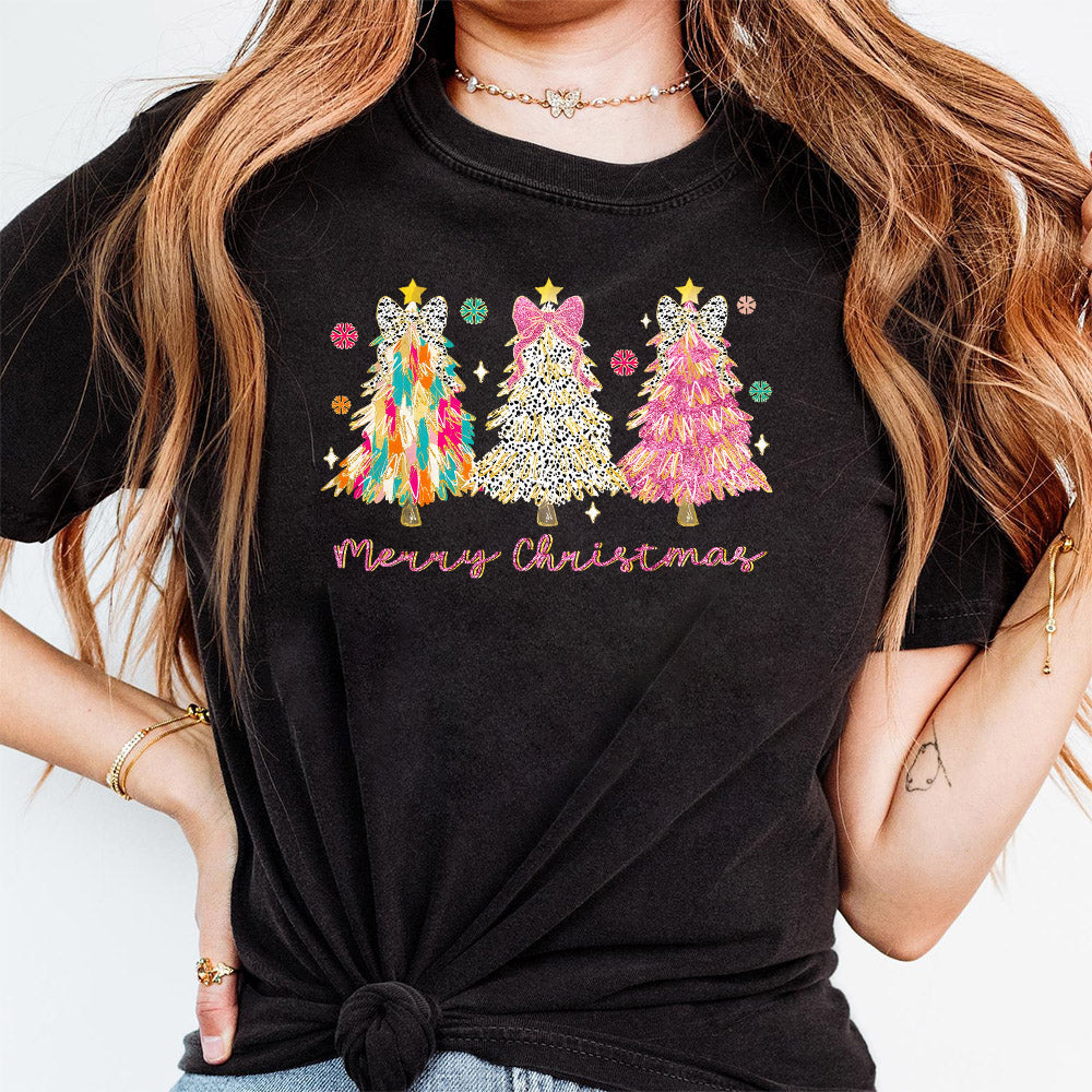 Colorful Coquette Glitter Christmas Tree Png, Girly Christmas Tree Design, Bright Color Merry Christmas Coquette Bow Dalmatian, brushstroke PNG1110 09 NPN