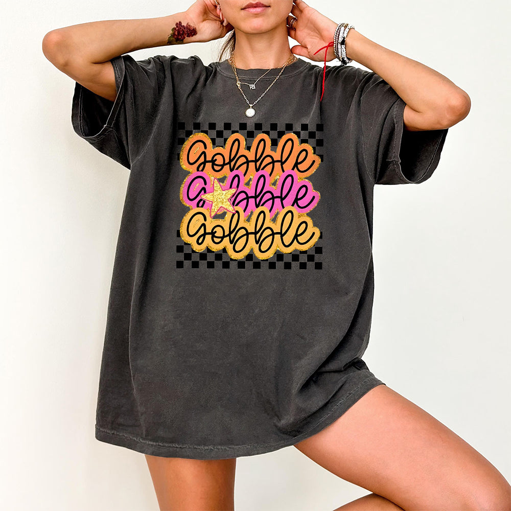 Preppy Gobble Thanksgiving Sublimation DTF Design Png Digital Download  Fall  Digital File  Pink  Gold star  turkey S225 SNA