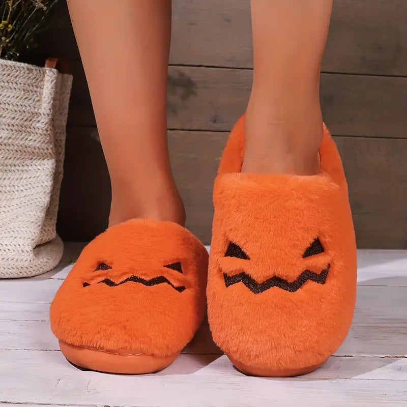 Halloween Pumpkin Pattern Slippers, Casual Slip On Plush Lined Shoes, Comfortable Indoor Home Slippers 
 SL0808 09