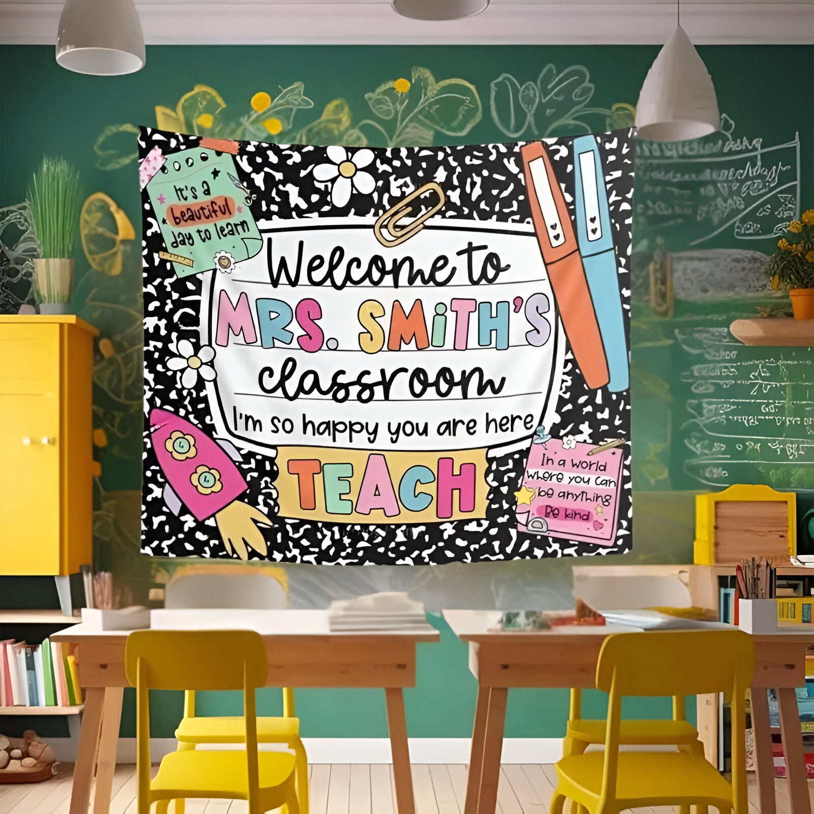 Composition Notebook Classroom Decor Welcome Tapestry Wall, Personalized Teacher Back To School Banner Tapestry, Custom In This Classroom Banner 1st Day Of School Poster Tapes