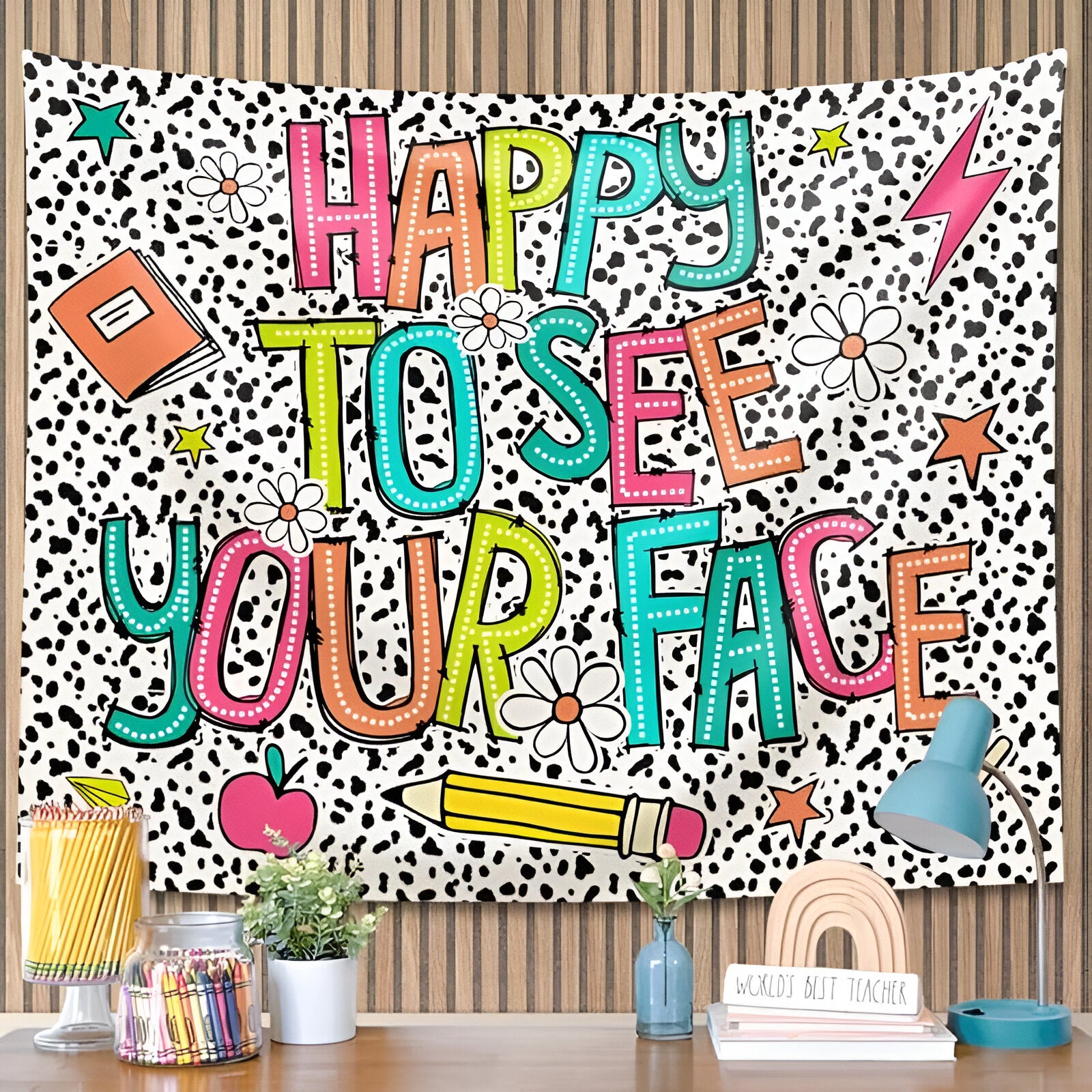 Custom Classroom Tapestry Decor Welcome Banner Happy To See Your Face, Personalized Teacher Back To School Banner Tapestry, Custom 1st Day Of School Leopard Tapestry Wall Tapes