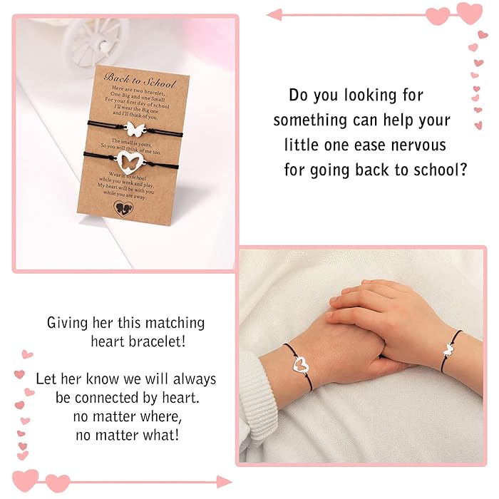 Back to School Gifts, First Day of School Gifts, Mother Daughter Mommy and Me Heart Wish Bracelets, Separation Anxiety Present for Girls Daughter, NylonBracelet3au