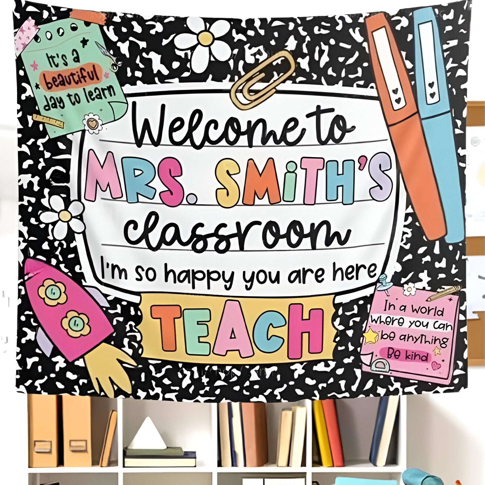 Composition Notebook Classroom Decor Welcome Tapestry Wall, Personalized Teacher Back To School Banner Tapestry, Custom In This Classroom Banner 1st Day Of School Poster Tapes