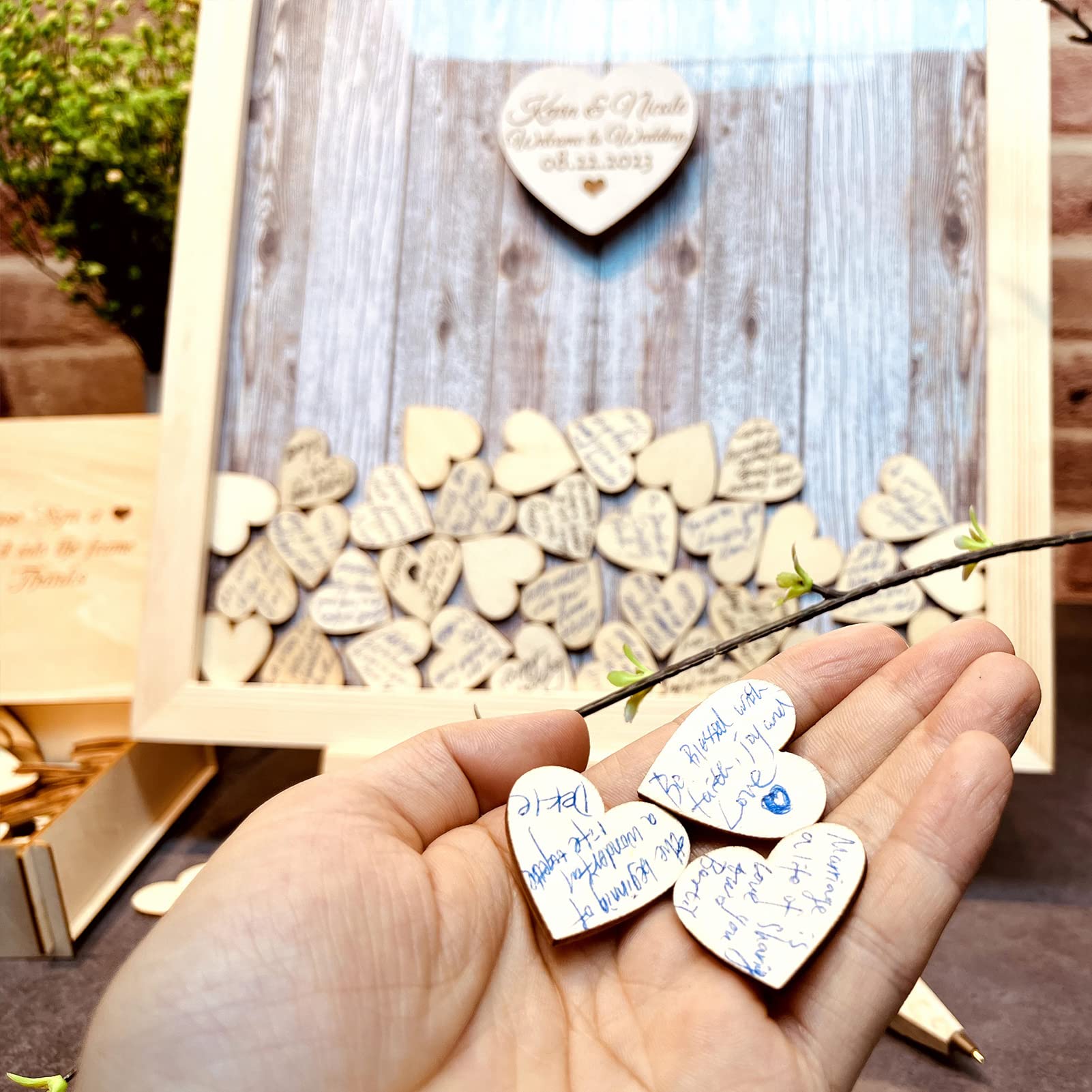 Wedding Guest Book Alternative Pen Sign Drop Top Wooden Frame for Baby Shower Birthday Party Decoration 120 Hearts printlight