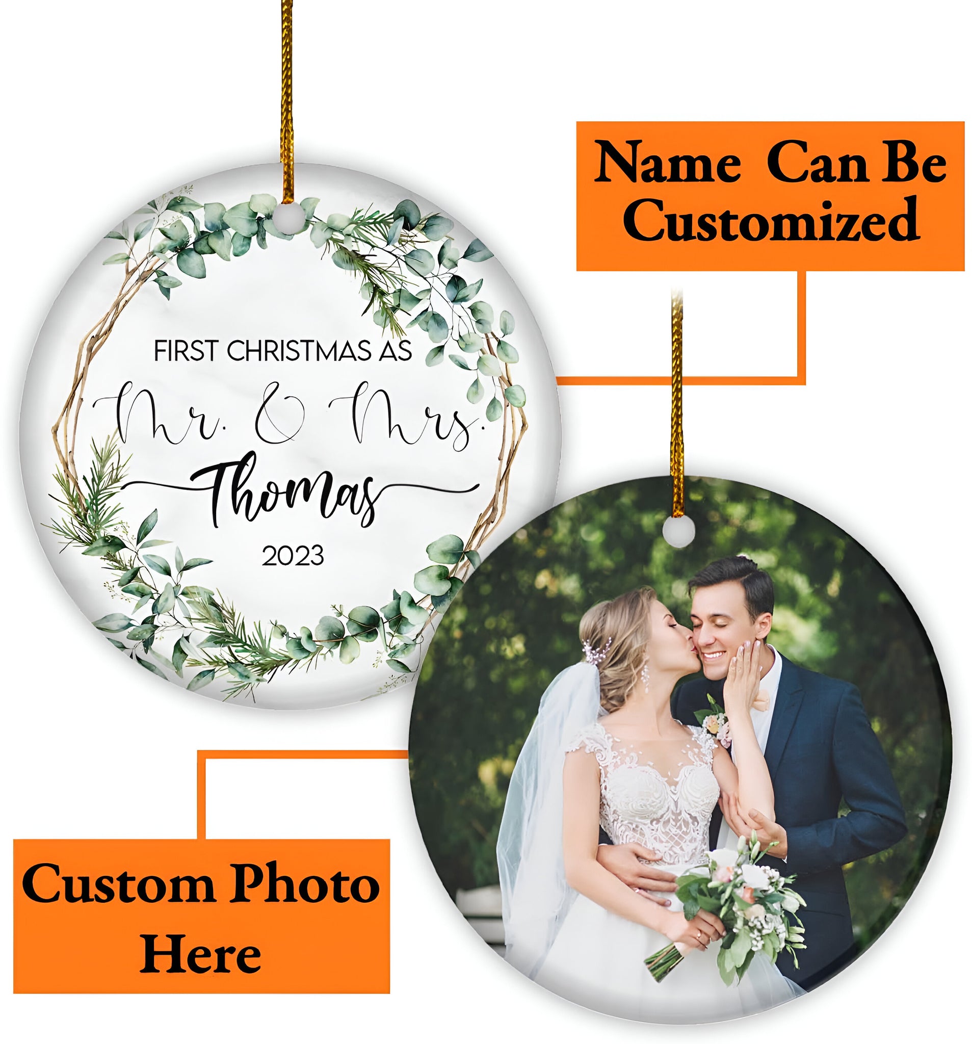 Personalized Our First Christmas As Mr and Mrs Ornament 2024, Custom Photo 1st Christmas Married Ornament 2024 ORN2509