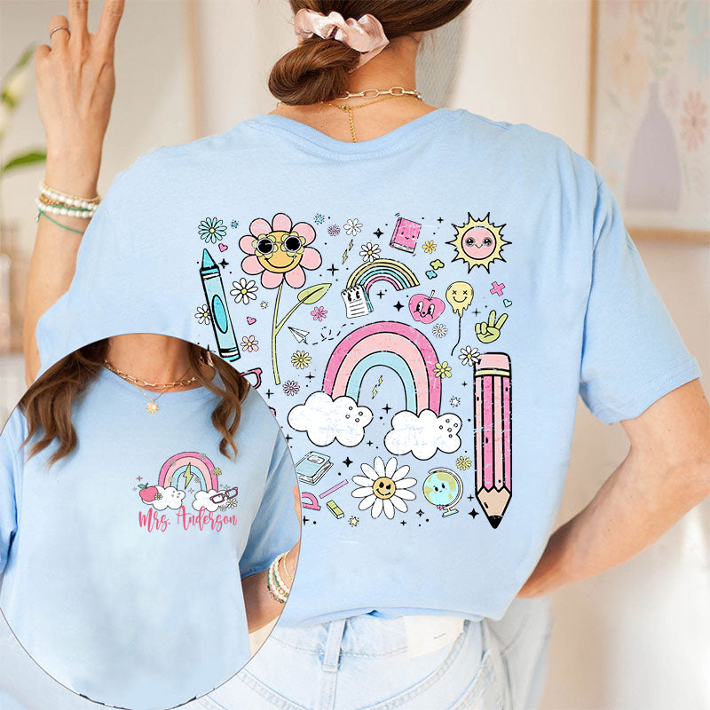 Personalized Pink Rainbow Cute Icon Teacher Two Sided T-Shirt 2MAT88