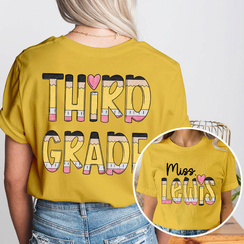Personalized Teacher's Name And Grade Colorful Letter Design Teacher Two Sided T-Shirt 2MAT68