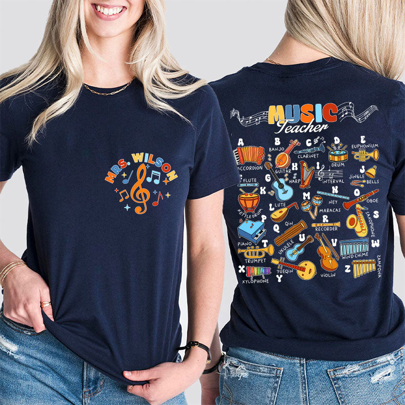 Personalized Music Teacher's Name Musical Instrument Icons Teacher Two Sided T-Shirt 2MAT88
