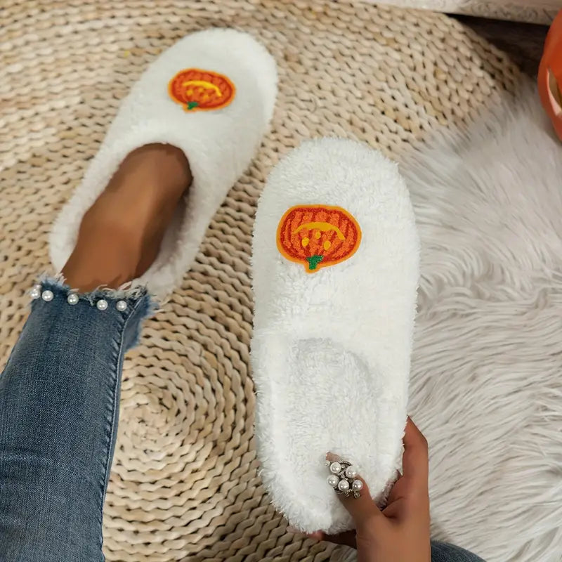 Halloween Pumpkin Fuzzy Slippers, Winter Closed Toe Soft Sole Plush Shoes, Cozy & Warm Home Mute Slippers SL0808 08