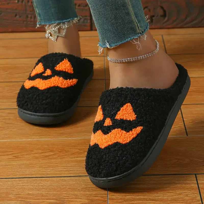Halloween Pumpkin Design Slippers, Winter Cozy & Warm Slip On Fuzzy Shoes, Comfortable Indoor Floor Slippers SL0808 06