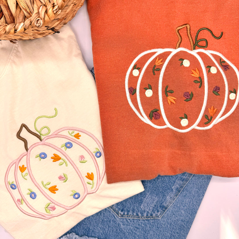 Embroidered Floral Pumpkin, Tee or Sweatshirt EM1709S