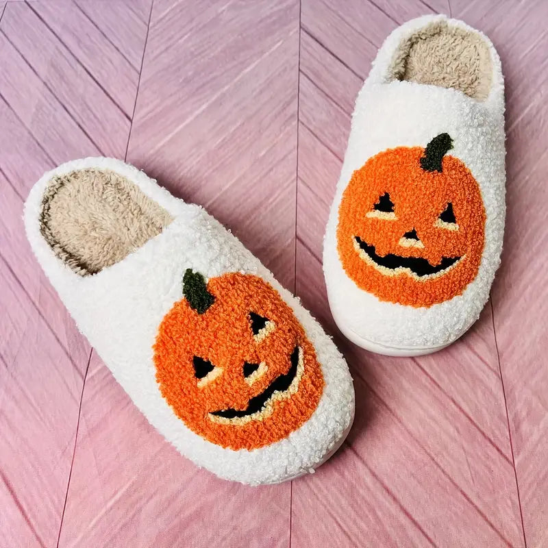 Halloween Carved Pumpkin Home Slippers Soft Plush Cozy House Slippers Anti-skid Slip-on Shoes Indoor For Men Winter Shoes SL0808 03