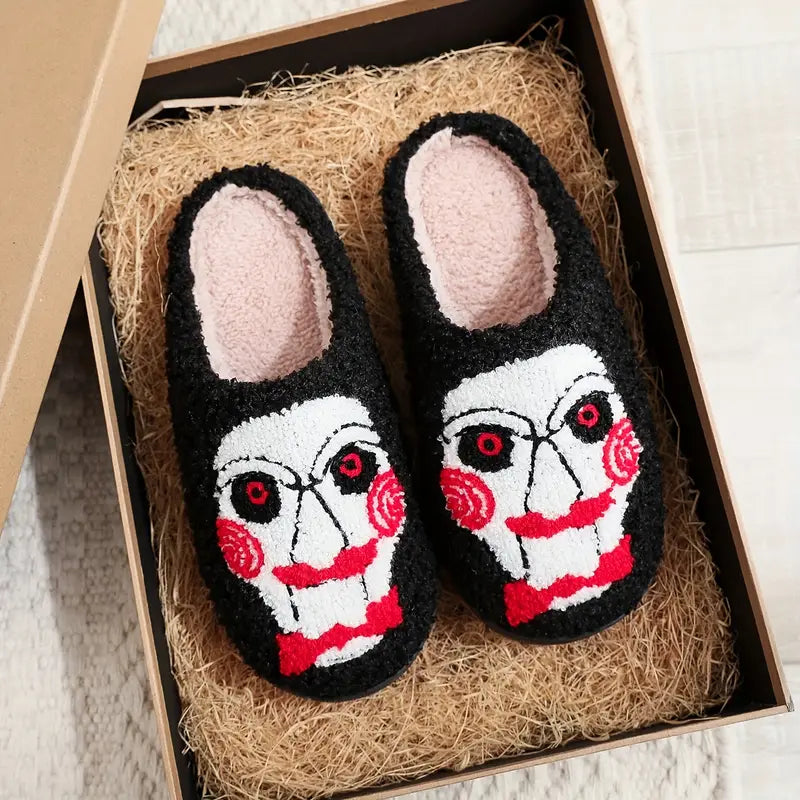 Halloween Ghost Pattern Fuzzy Slippers, Horror Style Closed Toe Plush Flat Shoes, Cozy & Warm Home Slippers SL0808 29