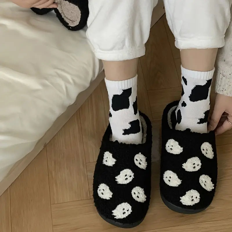 Halloween Ghost Pattern Slippers, Casual Slip On Plush Lined Shoes, Comfortable Indoor Home Slippers SL0808 02