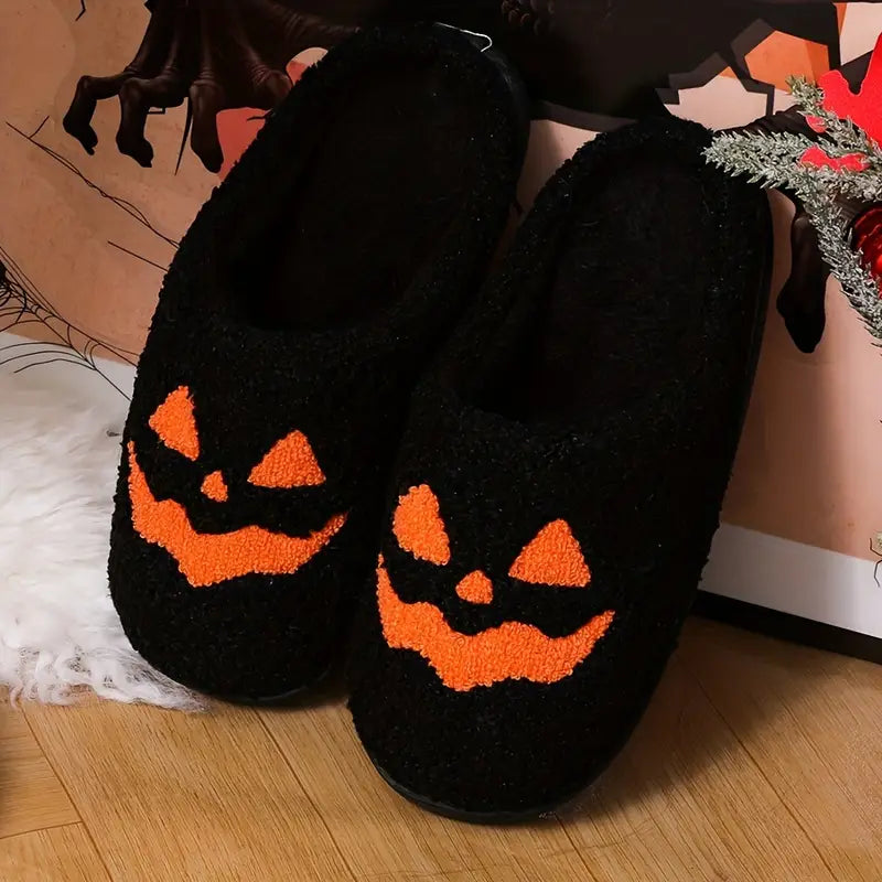 Cartoon Pumpkin Print Fuzzy Slippers, Slip On Soft Sole Platform Non-slip Shoes, Halloween Winter Plush Indoor Shoes SL0808 01