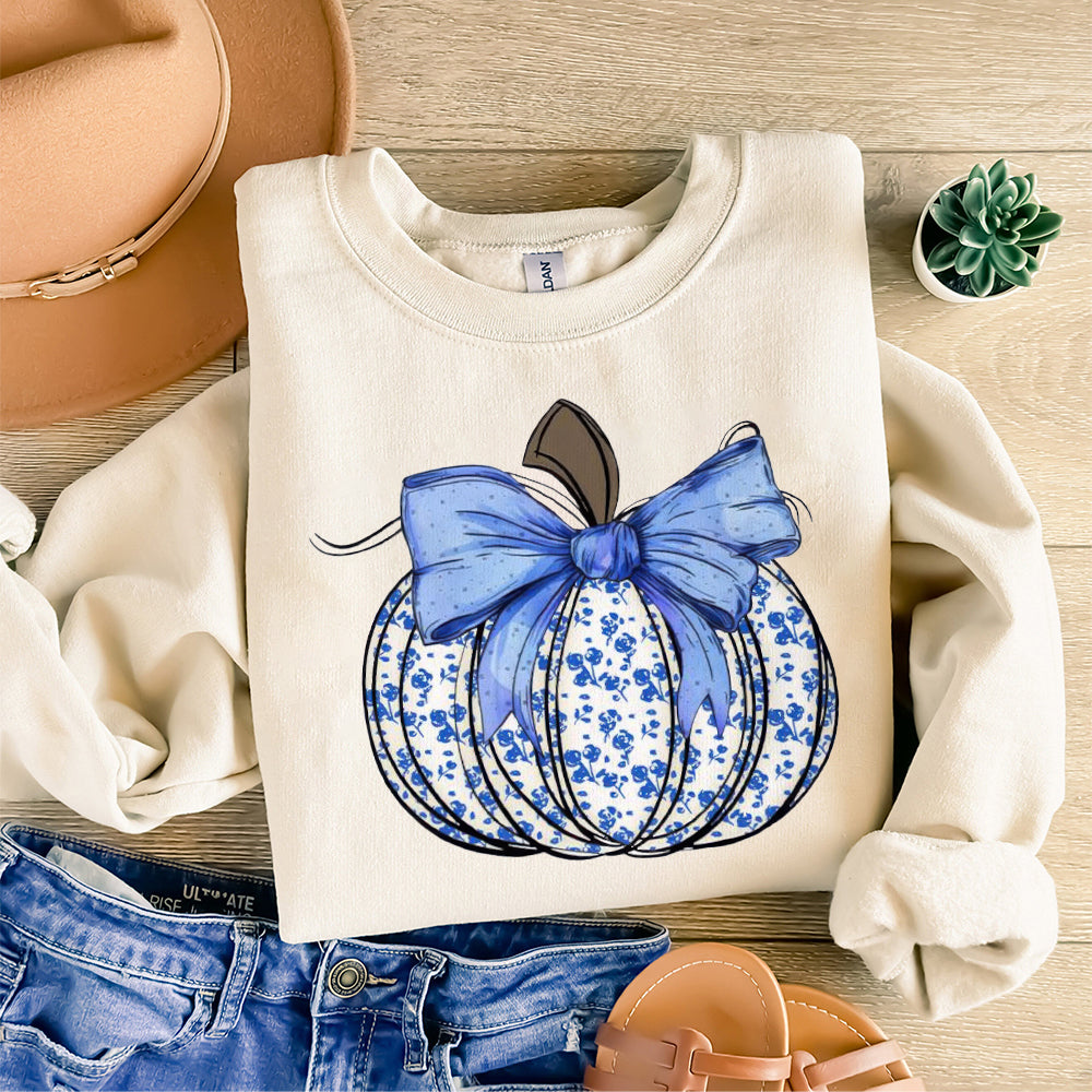 Blue Floral Pumpkin Shirt, Boho Floral Fall Shirt, Fall Mama Shirt, Autumn Vibes Shirt, Pumpkin Season Shirt, Chinoiserie Pumpkin, Fall Sublimation TD2309 05