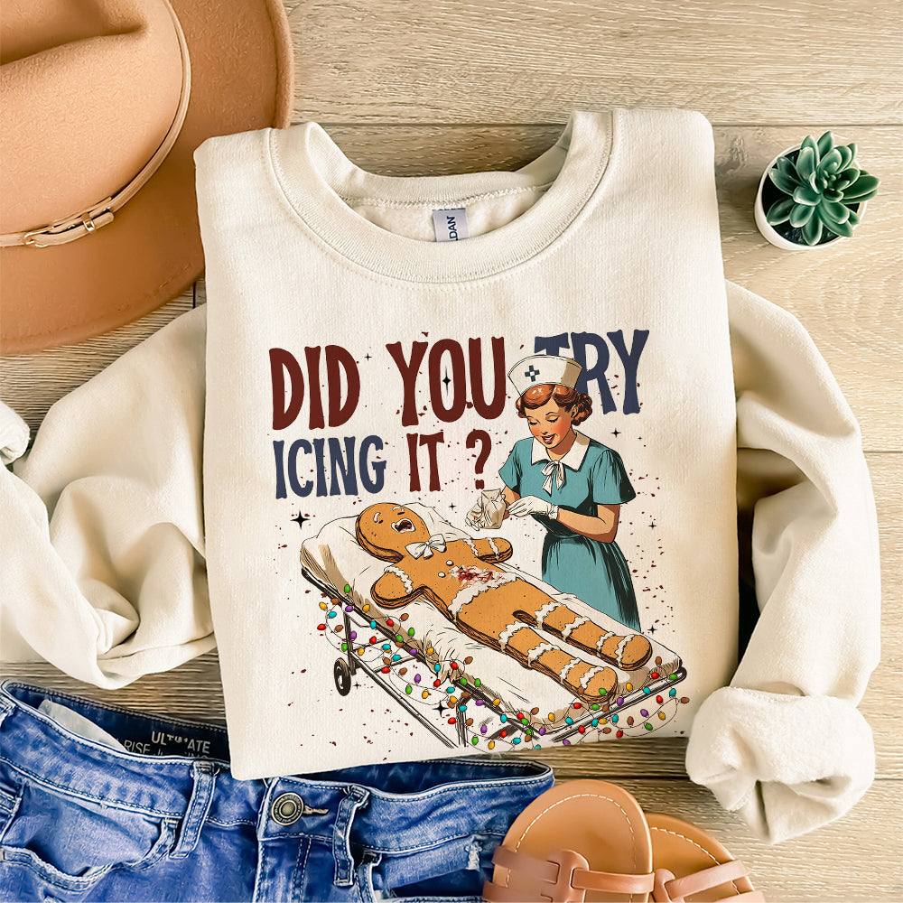 Retro ICU Nurse Christmas Gingerbread Did You Try Icing It Png, Did You Try Icing It Png, Funny Nursing Christmas Png, Digital Download S109