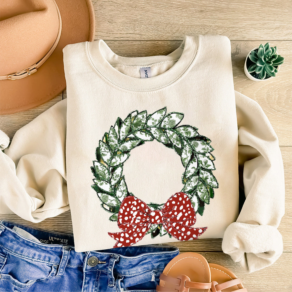 Grand millennial Coquette glitter Christmas wreath png Christmas wreath design dtf Christmas winter png kids design bow acrylic brushstroke S128