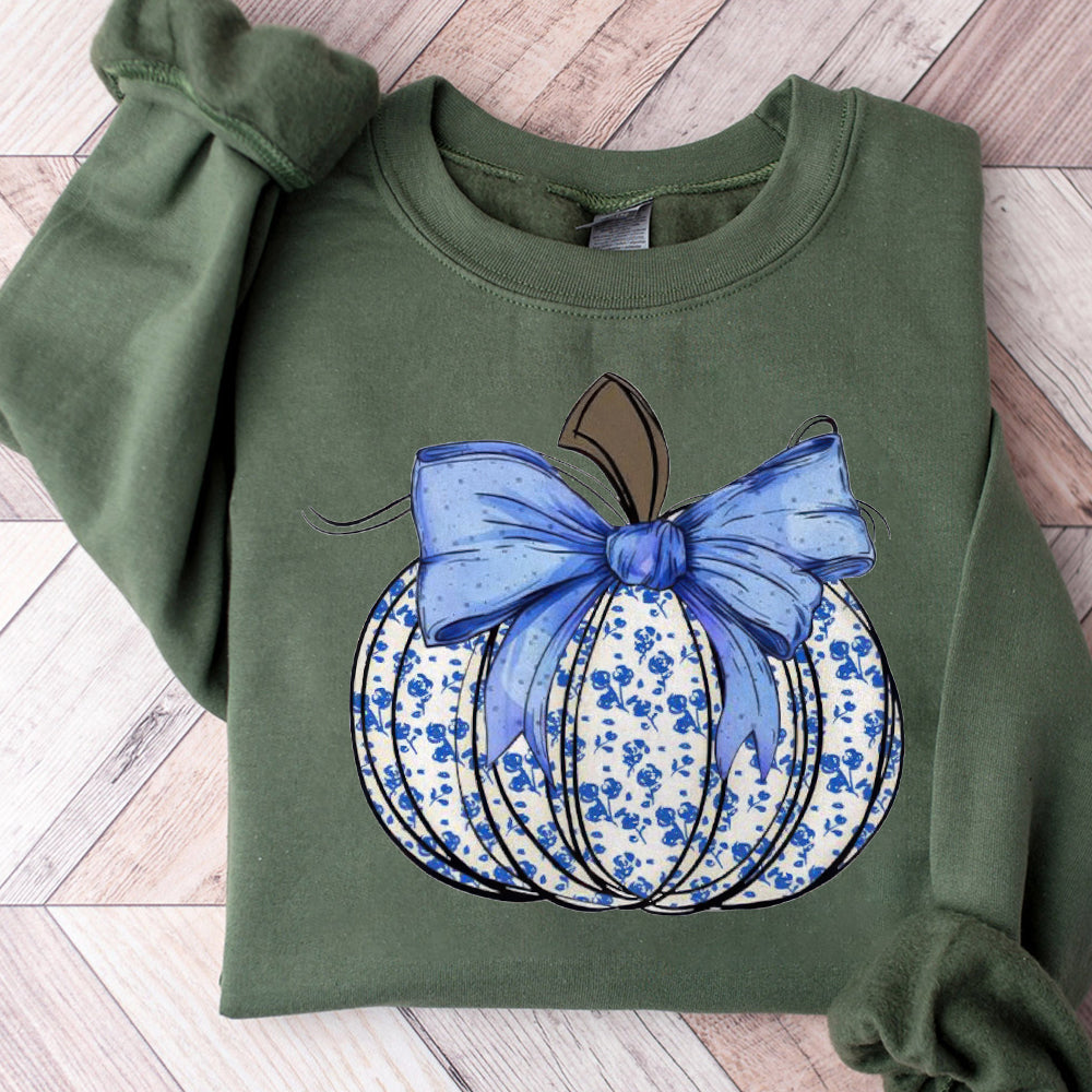 Blue Floral Pumpkin Shirt, Boho Floral Fall Shirt, Fall Mama Shirt, Autumn Vibes Shirt, Pumpkin Season Shirt, Chinoiserie Pumpkin, Fall Sublimation TD2309 05