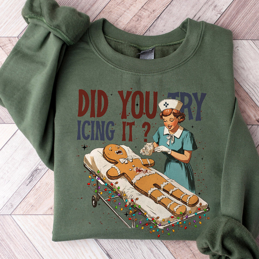 Retro ICU Nurse Christmas Gingerbread Did You Try Icing It Png, Did You Try Icing It Png, Funny Nursing Christmas Png, Digital Download S109