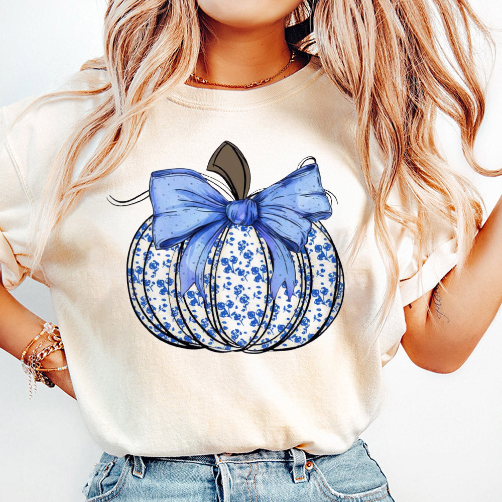 Blue Floral Pumpkin Shirt, Boho Floral Fall Shirt, Fall Mama Shirt, Autumn Vibes Shirt, Pumpkin Season Shirt, Chinoiserie Pumpkin, Fall Sublimation TD2309 05