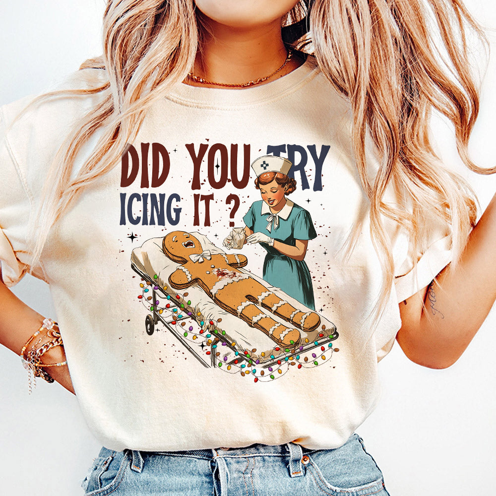 Retro ICU Nurse Christmas Gingerbread Did You Try Icing It Png, Did You Try Icing It Png, Funny Nursing Christmas Png, Digital Download S109