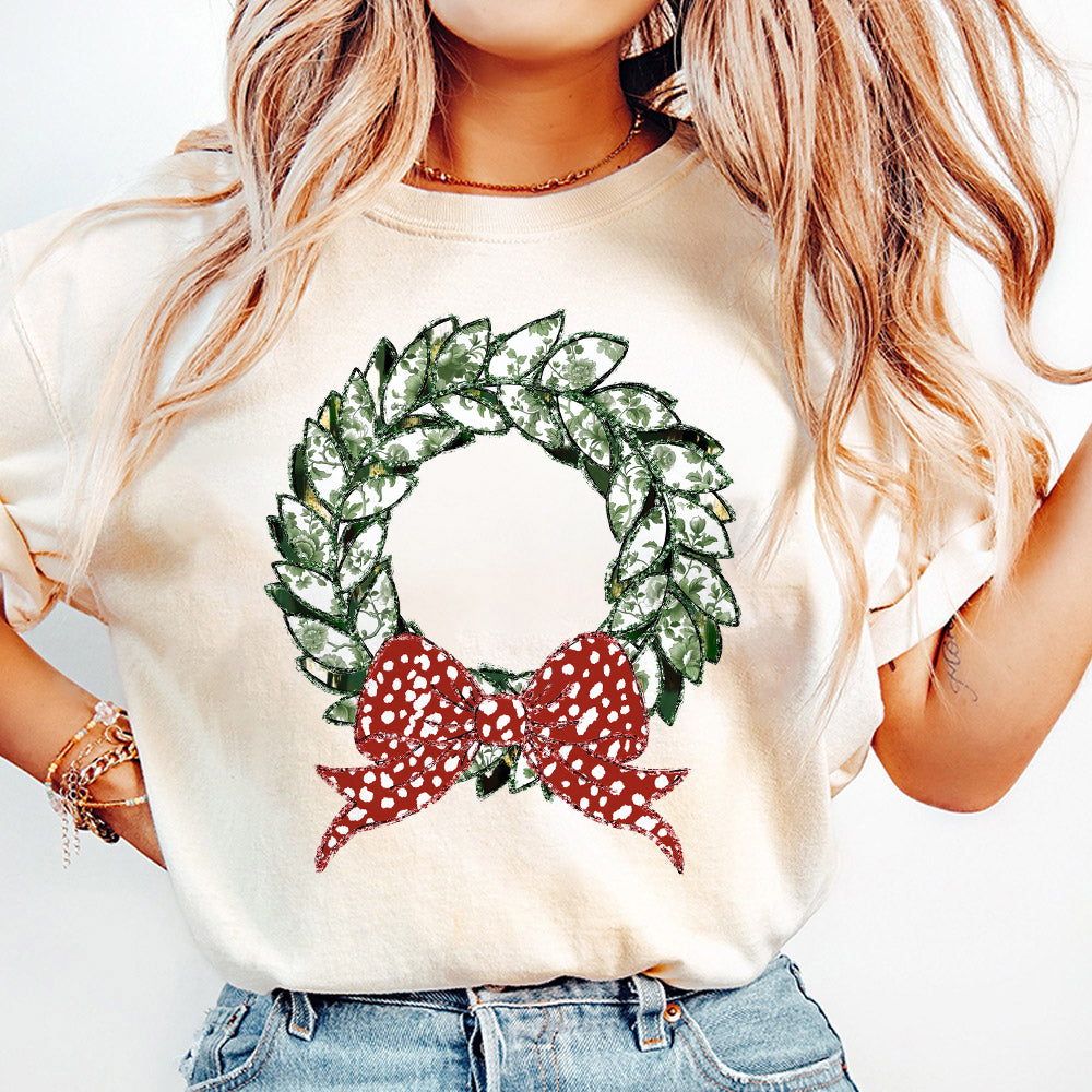 Grand millennial Coquette glitter Christmas wreath png Christmas wreath design dtf Christmas winter png kids design bow acrylic brushstroke S128