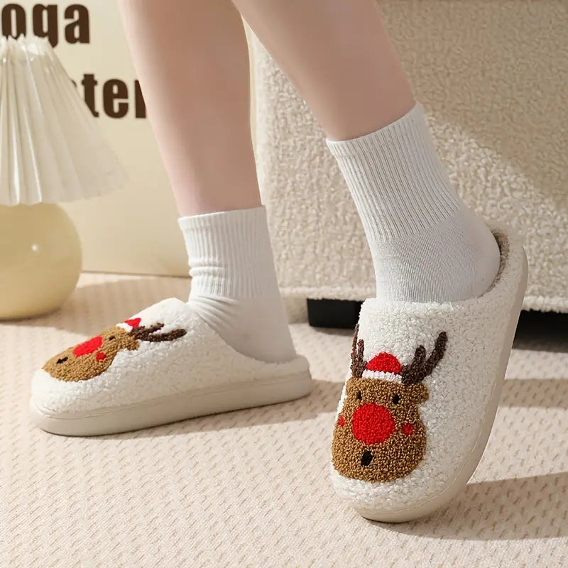 Cartoon Christmas Deer Print Slippers, Slip On Soft Sole Flat Non-slip Comfy Shoes, Winter Plush Home Warm Shoes SL0808 16