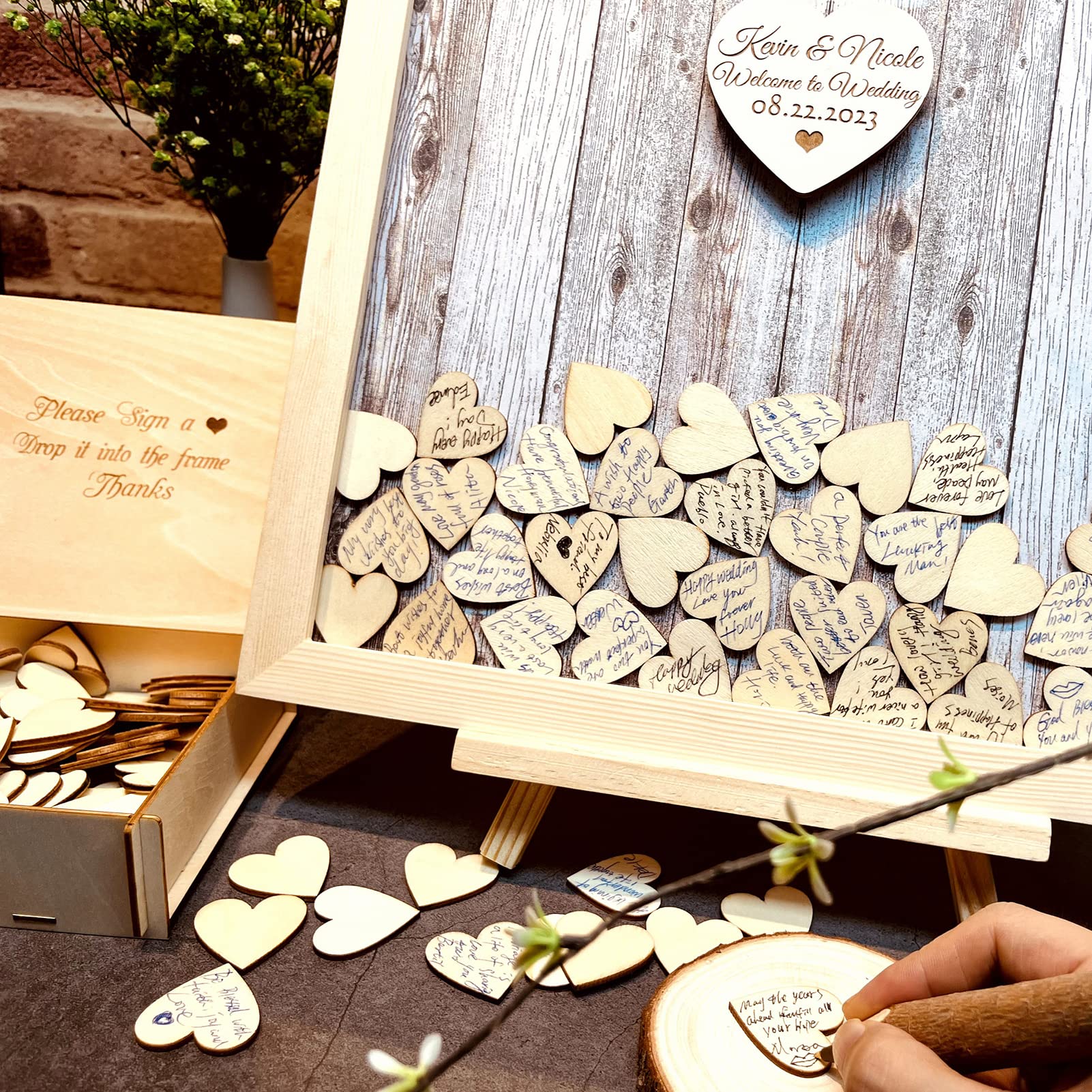 Wedding Guest Book Alternative Pen Sign Drop Top Wooden Frame for Baby Shower Birthday Party Decoration 120 Hearts printlight