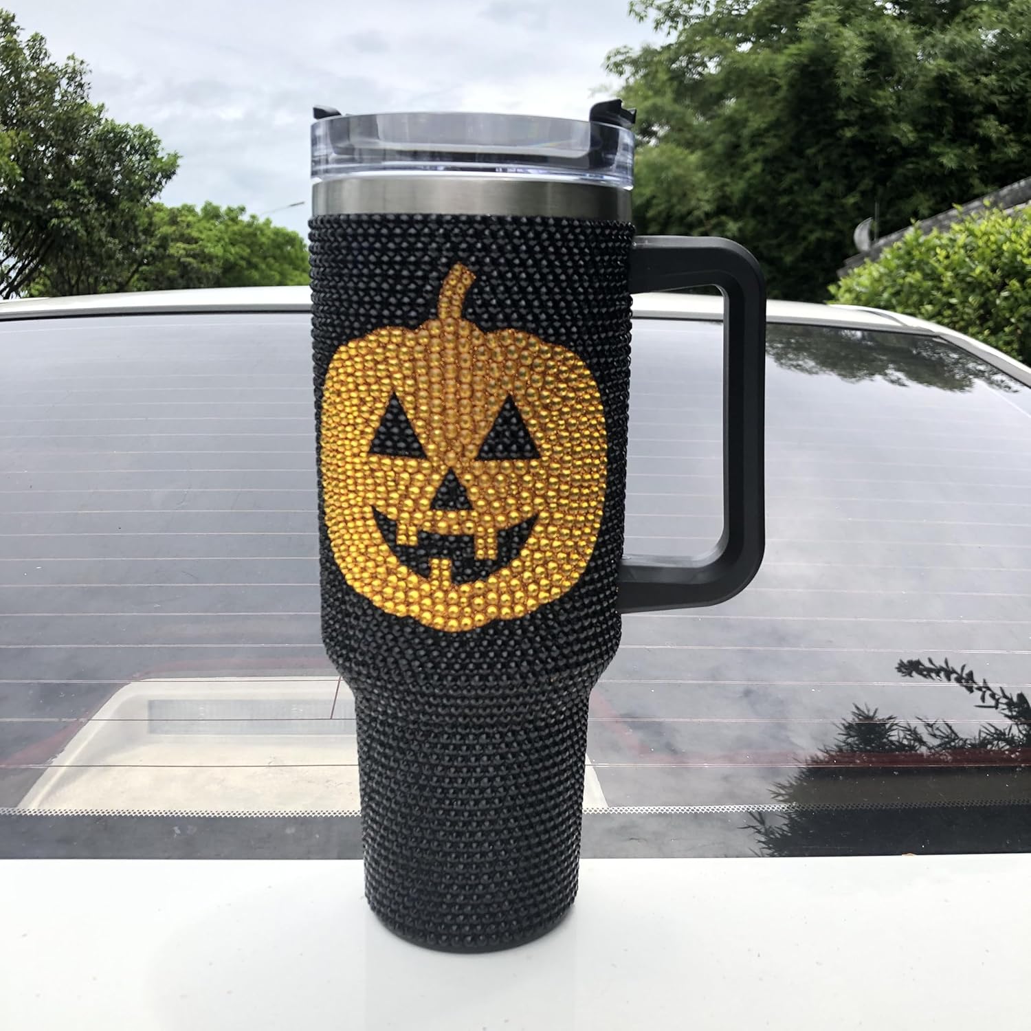 40 Oz Bling Tumbler With Handle Rhinestones Tumbler With Lid and Straw Fix for Car Cup Holder Insulated Stainless Steel Double Wall Water Cup Halloween Pumpkin Travel Mug Tumbler -Black TUM2708