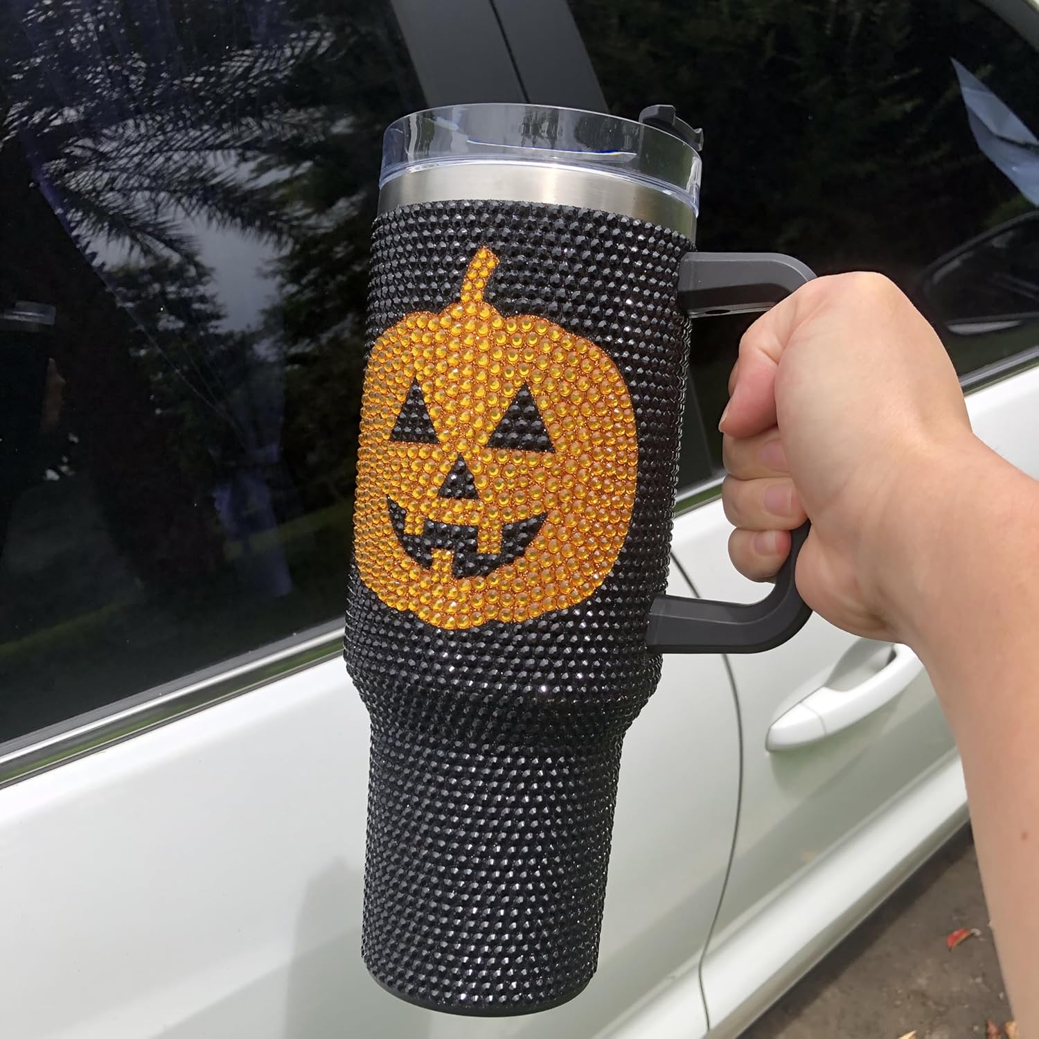 40 Oz Bling Tumbler With Handle Rhinestones Tumbler With Lid and Straw Fix for Car Cup Holder Insulated Stainless Steel Double Wall Water Cup Halloween Pumpkin Travel Mug Tumbler -Black TUM2708