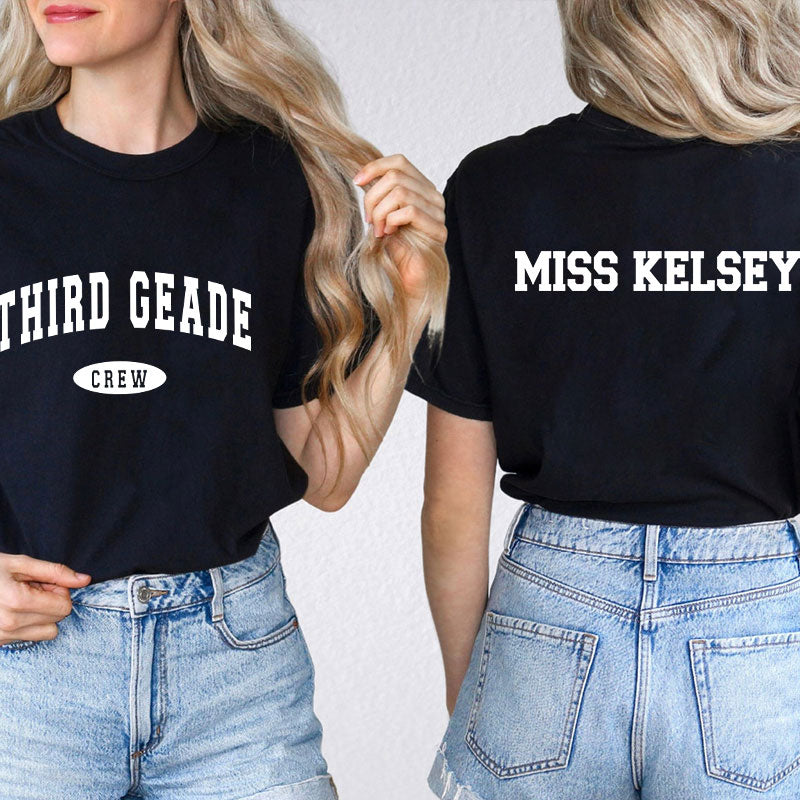 Personalized Teacher's Name Pink Hat Teacher Two Sided T-Shirt 2MAT68