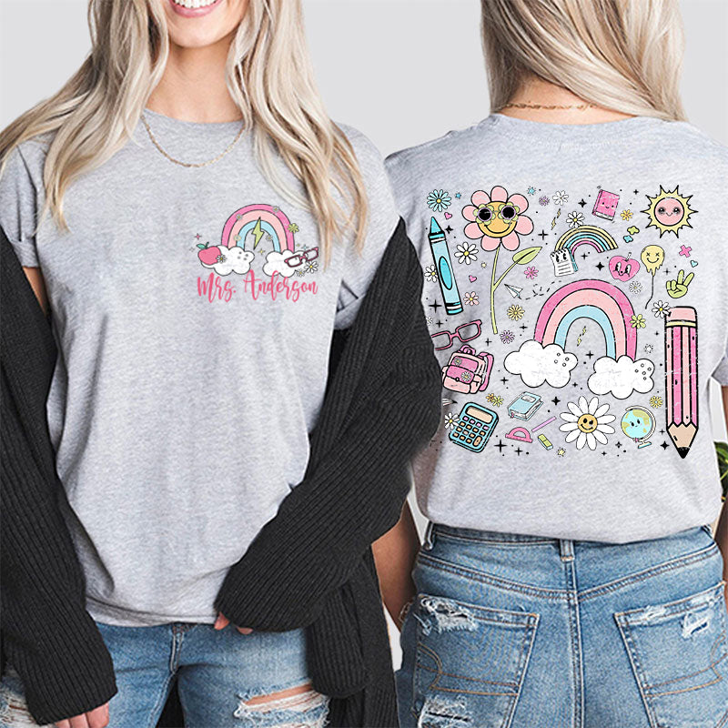 Personalized Pink Rainbow Cute Icon Teacher Two Sided T-Shirt 2MAT88