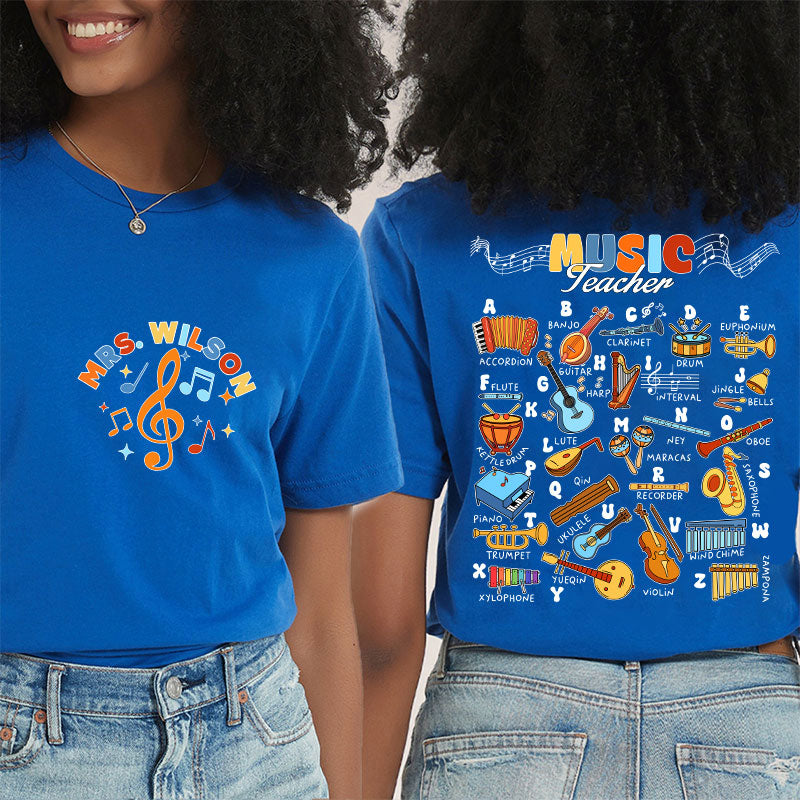 Personalized Music Teacher's Name Musical Instrument Icons Teacher Two Sided T-Shirt 2MAT88