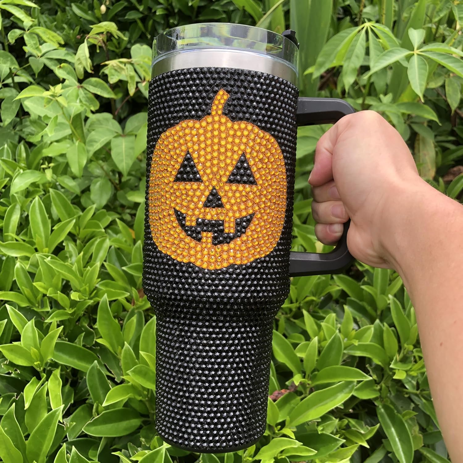 40 Oz Bling Tumbler With Handle Rhinestones Tumbler With Lid and Straw Fix for Car Cup Holder Insulated Stainless Steel Double Wall Water Cup Halloween Pumpkin Travel Mug Tumbler -Black TUM2708